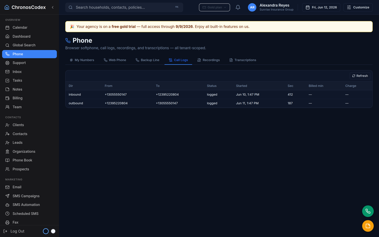 Call history with recordings (shown: ChronosCodex)